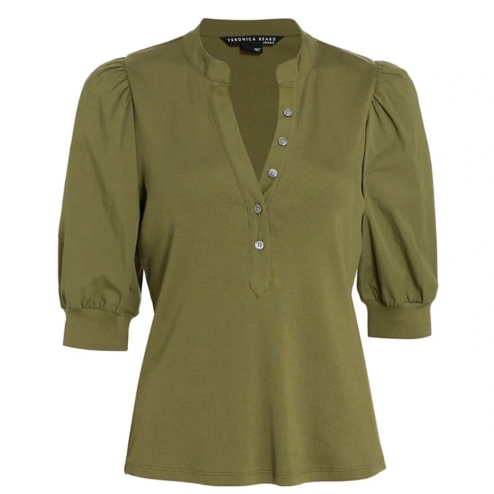 VERONICA BEARD Coralee green Puff-Sleeve Rib-Knit Top XS - Picture 3 of 9